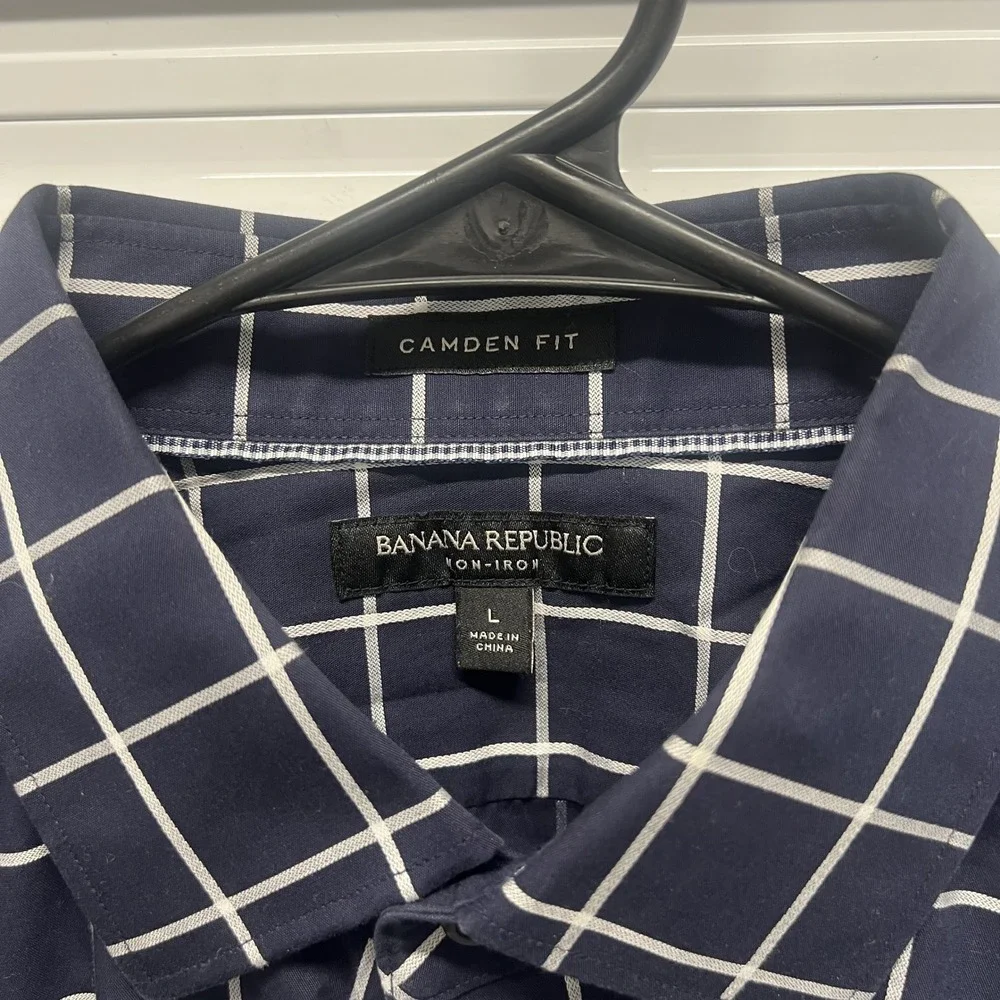 Banana Republic Mens Shirt Large Cotton Navy Blue Windowpane Camden Fit Non-Iron